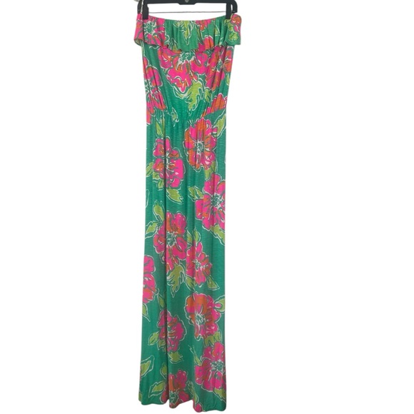 Lilly Pulitzer SZ M Amy Maxi Spearmint Fuzzy Navel Strapless Ruffle Floral Dress - Picture 3 of 15